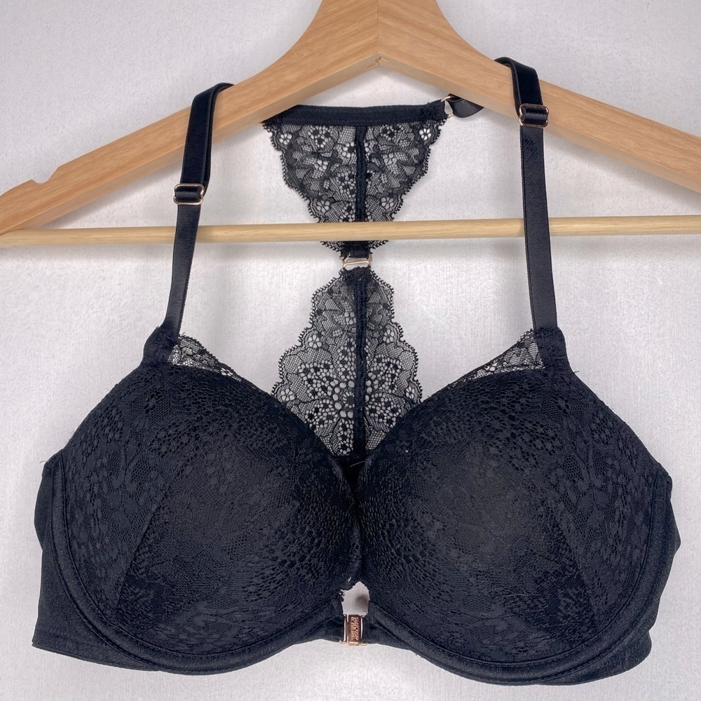 PINK VICTORIA SECRET BLACK‎ LACE PADDED BRA WITH PINK LINING